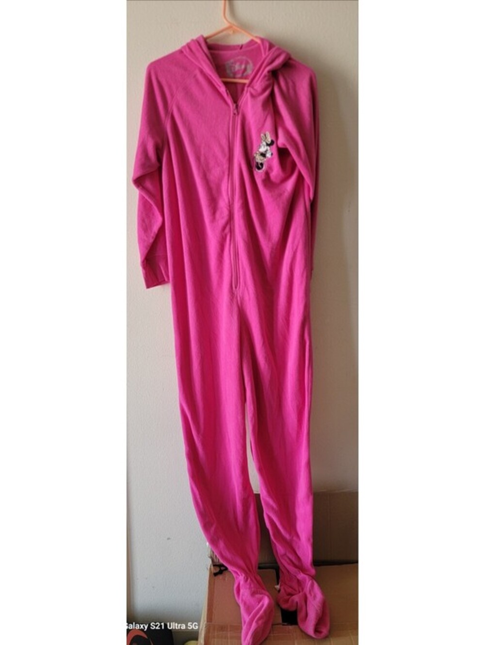 Disney Minnie Mouse Pink Fleece Hooded Footed One Piece Pajama Adult M